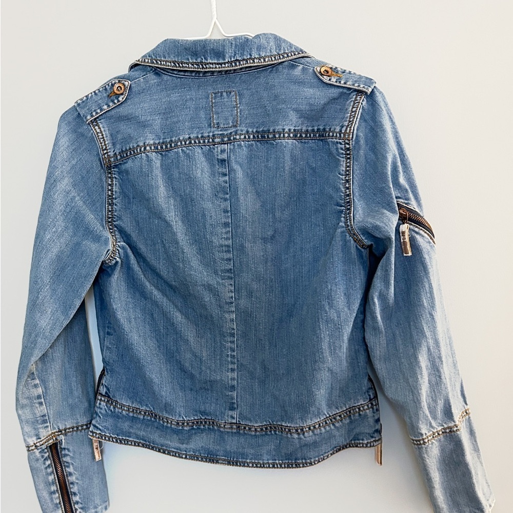Workers for Freedom Cropped Denim Moto Jacket Y2K Indie Sleaze Size 4 - Picture 2 of 10